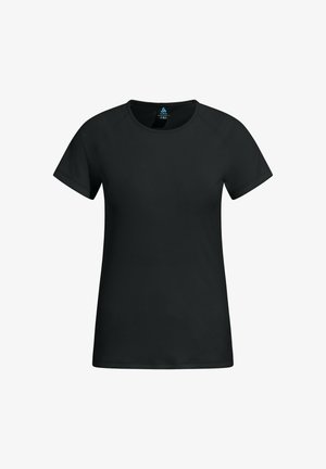 Zwart, kortärmelig sport-T-shirt met ronde hals en een klein blauw logo aan de binnenkant van de kraag op een witte achtergrond.