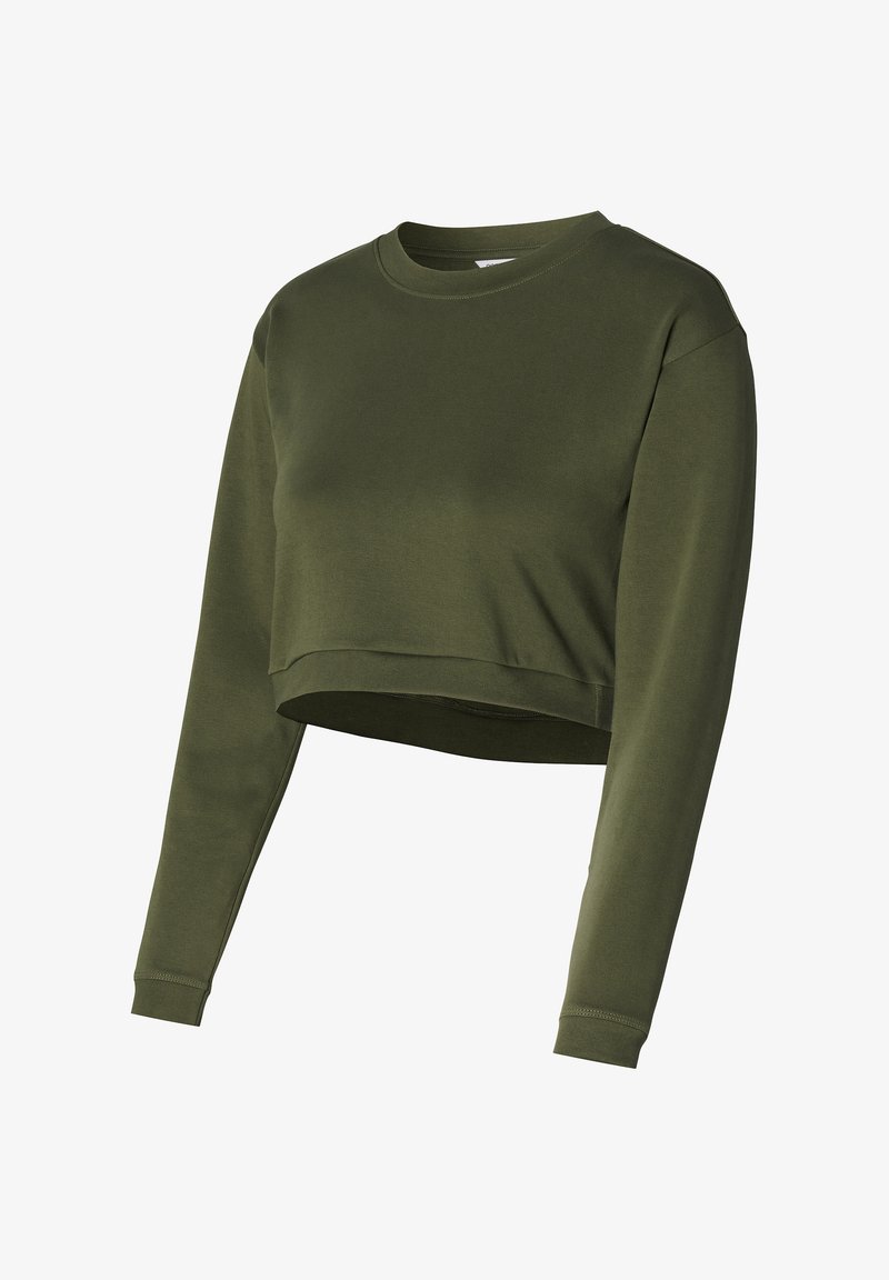 Olivengrüner, verkürzter Sweatshirt aus weichem Material, mit langen Ärmeln und Rundhalsausschnitt, glatter Textur und ohne Muster.