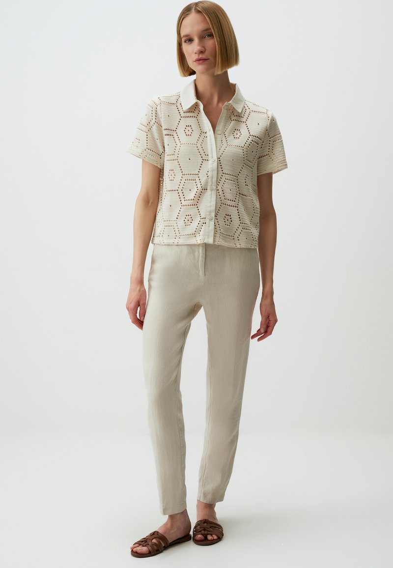 Blouse à manches courtes en crème avec un motif en dentelle et un col. Associée à un pantalon beige slim et des sandales tressées marron.