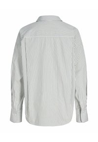 Long-sleeve button-up shirt with a back view, featuring vertical light blue stripes on a white background and a classic collar design.