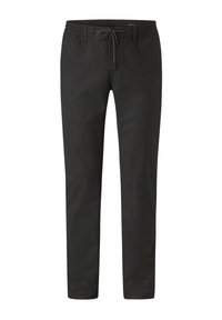 Schwarze Hose aus strukturiertem Stoff, mit einem Kordelzugbund und schlanker Passform. Keine sichtbaren Muster oder Akzente.