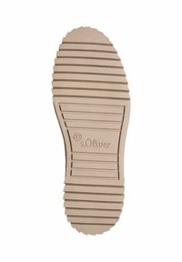 Semelle de chaussure en caoutchouc beige clair avec des rainures horizontales et verticales, portant l'inscription "s.Oliver" et la taille "37" en relief sur la surface.