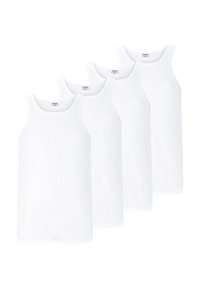 Fire hvide, ærmeløse tanktops lavet af mesh-stof. De har en rund halsudskæring og bløde kanter.