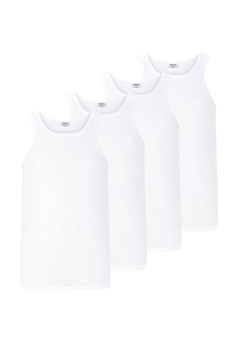 Fire hvide, ærmeløse tanktops lavet af mesh-stof. De har en rund halsudskæring og bløde kanter.
