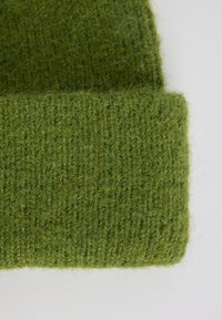 Berretto verde lavorato a maglia con una trama testurizzata, caratterizzato da un risvolto. Realizzato in materiale morbido e caldo, ha un colore uniforme senza motivi.