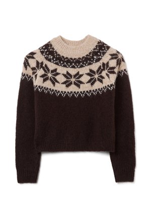 Brown knit sweater with a beige patterned yoke featuring snowflake designs. Cropped design, ribbed cuffs, and neck. Soft texture.