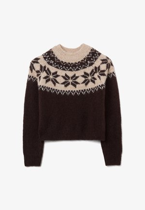 Brown knit sweater with a beige patterned yoke featuring snowflake designs. Cropped design, ribbed cuffs, and neck. Soft texture.