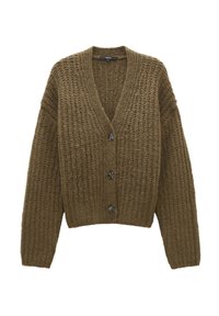 Brun, kort cardigan gjord av texturerad garn med djup V-urringning och framträdande svarta knappar hela vägen ner. Tjockstickad design.