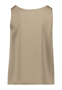 Beige mouwloos topje met een gladde, zachte textuur en een ronde hals. Heeft een losvallend ontwerp en een rechte zoom. Eenvoudige en minimalistische stijl.