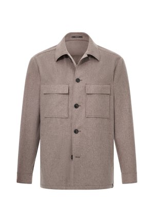 Bruine wollen jas met een kraag, knopen aan de voorkant, twee borstzakken en lange mouwen. Eenvoudige, gestructureerde stof met een rechte pasvorm.