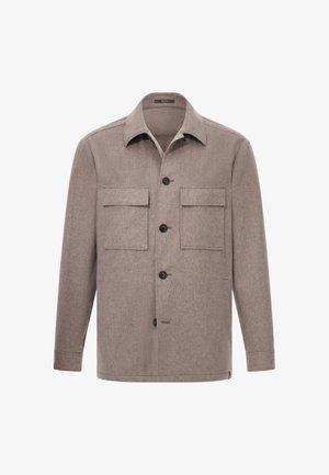 Giacca di lana marrone con colletto, bottoni frontali, due tasche sul petto e maniche lunghe. Tessuto semplice e testurizzato con una vestibilità dritta.