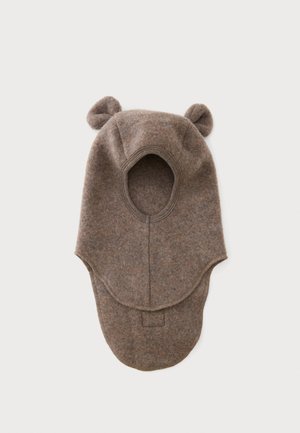 Cagoule en laine marron avec petites oreilles d'ours, conçue pour couvrir la tête et le cou avec une ouverture pour le visage.