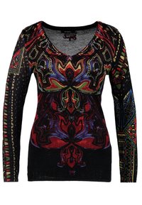 Pull en maille à manches longues présentant un design multicolore vibrant avec des motifs floraux sur un fond noir. Encolure en V et tissu texturé.