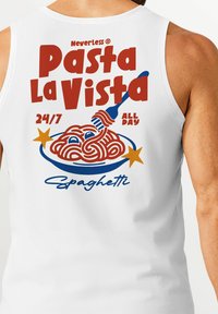 White tank top featuring a colorful graphic with the text “NeverLess Pasta La Vista 24/7 All Day” and an illustration of spaghetti on a plate.