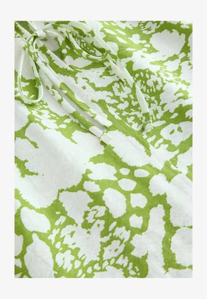 Zelená a biela vzorovaná látka s mixom nepravidelných tvarov. Obsahuje viazanie na výstrihu, vyrobené z ľahkého materiálu.