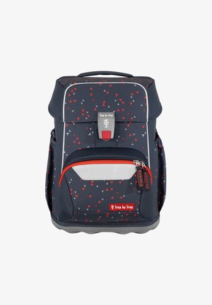 Navy blue backpack with red and gray triangular patterns, featuring a top flap, adjustable straps, and a front zippered pocket.