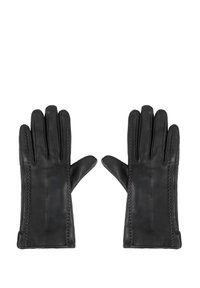 Guanti in pelle nera con una texture liscia, caratterizzati da cuciture decorative lungo le cuciture. Progettati per una vestibilità aderente con cinque dita.