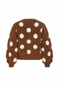 Suéter marrón con lunares blancos, mangas anchas y escote redondo. Hecho de material suave, con un acabado texturizado y diseño cropped.