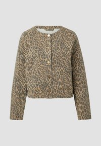Gecropte jas van tan denim met luipaardprint. Heeft lange mouwen, een ronde halslijn, sluiting met knopen aan de voorkant en twee opgestikte zakken.