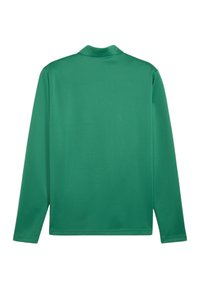 Lange mouwen groene shirt gemaakt van gladde stof, met een kraag en geen zichtbare patronen of versieringen.