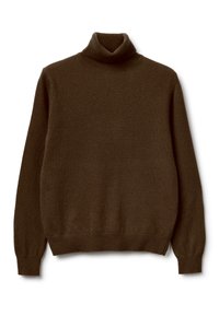 Brązowy sweter w golf z miękkiej dzianiny. Posiada długie rękawy i dopasowaną linię dekoltu, o gładkim, teksturowanym wykończeniu.