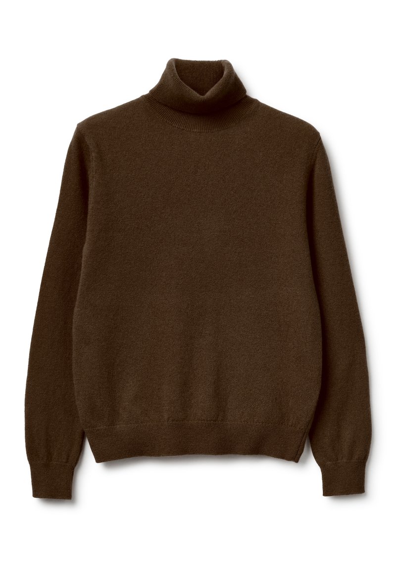 Brązowy sweter w golf z miękkiej dzianiny. Posiada długie rękawy i dopasowaną linię dekoltu, o gładkim, teksturowanym wykończeniu.