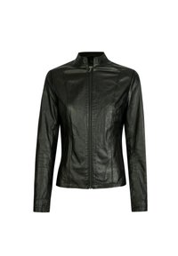 Black leather jacket with a stand-up collar, fitted design, long sleeves, front zipper, and subtle seam detailing. Smooth texture.