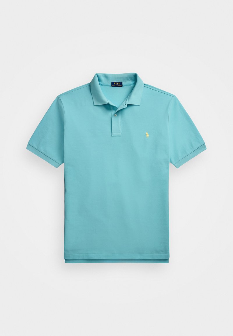 Turkos polo skjorta i bomull, med klassisk krage, treknappad knäppning, korta ärmar och en liten gul broderad logotyp.