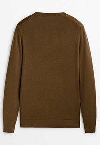 Maglione marrone lavorato a maglia con maniche lunghe, scollatura e orlo a coste, tessuto liscio e design semplice. Nessun motivo o accentuazione.