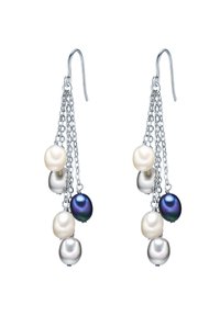 Pendientes colgantes de tono plateado que presentan racimos de perlas redondas en tonos de blanco, gris y azul, acentuados por delicados eslabones de cadena.