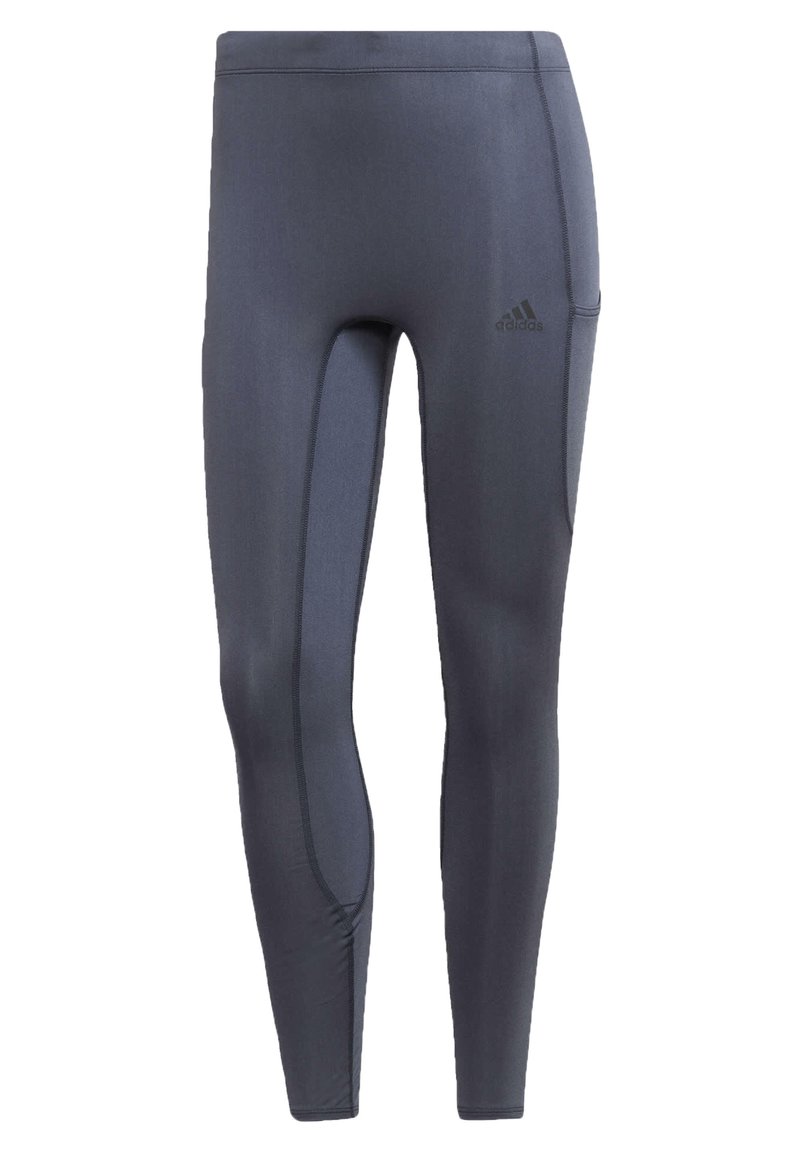 Dunkelgraue Sportleggings aus glattem, dehnbarem Stoff. Verfügt über ein tailliertes Design, flache Nähte und eine Seitentasche. Adidas-Logo angezeigt.