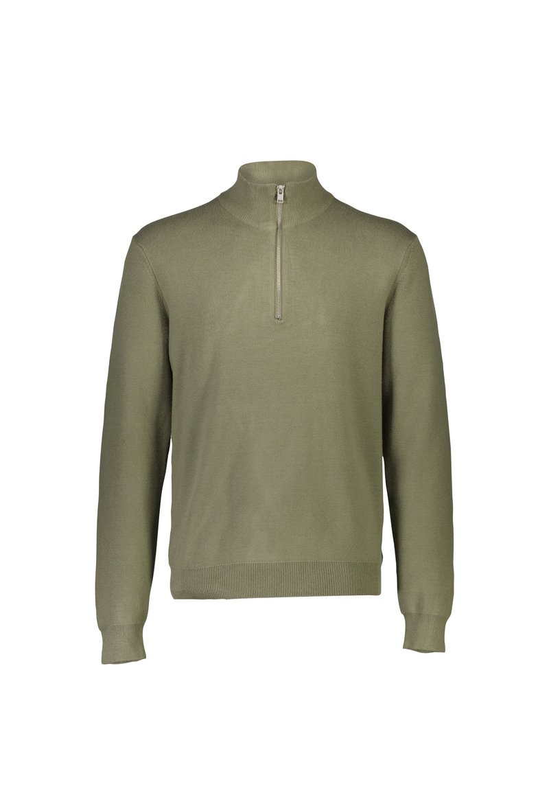 Olijfgroene pullover trui met een hoge kraag en een kwartlange rits. Gebreide structuur, geribbelde manchetten en zoom. Eenvoudig, klassiek ontwerp.
