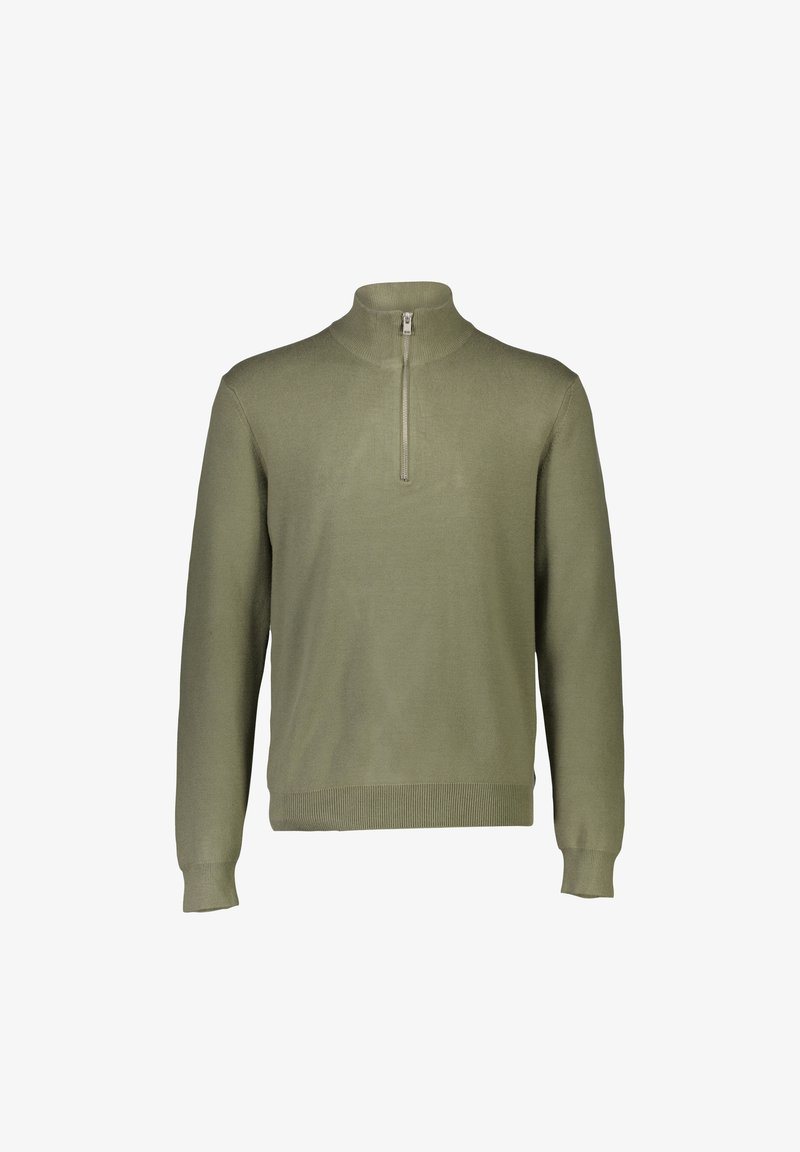 Olijfgroene pullover trui met een hoge kraag en een kwartlange rits. Gebreide structuur, geribbelde manchetten en zoom. Eenvoudig, klassiek ontwerp.