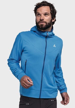 Blaues Sportjackett mit Reißverschluss, Kapuze und zwei Seitentaschen. Verfügt über strukturierte Stoffe und dreieckige Designelemente auf der Brust.