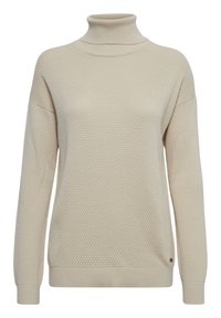 Cremefarbener gestrickter Rollkragenpullover mit strukturiertem Muster, langen Ärmeln sowie gerippten Bündchen und Saum.
