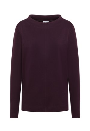 Maglietta bordeaux a maniche lunghe con collo alto e vestibilità rilassata. Tessuto morbido con una texture liscia. Orlo dritto e cuciture minime.