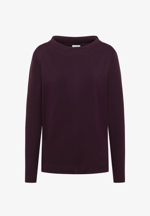 Burgunderfarbener Langarm-Top mit hochgeschlossenem Kragen und lockerer Passform. Weicher Stoff mit glatter Textur. Gerader Saum und minimale Nähte.