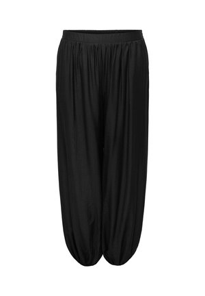 Pantalon ample noir style harem avec taille élastique froncée et poignets élastiques aux chevilles, en tissu léger.