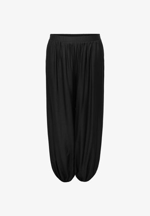 Pantalon ample noir style harem avec taille élastique froncée et poignets élastiques aux chevilles, en tissu léger.