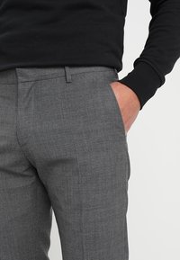Grijze geruite broek met een getailleerde pasvorm, voorzien van een gladde textuur, zijzakken en een verborgen sluiting aan de voorkant.