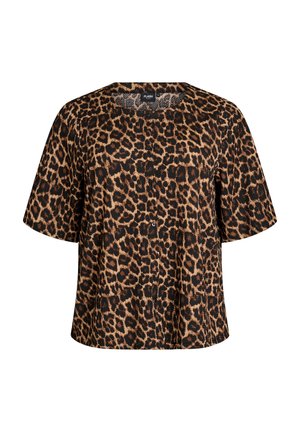 Blusa de manga corta con botones, estampado de leopardo en tonos marrón y negro, escote redondo y ajuste holgado.