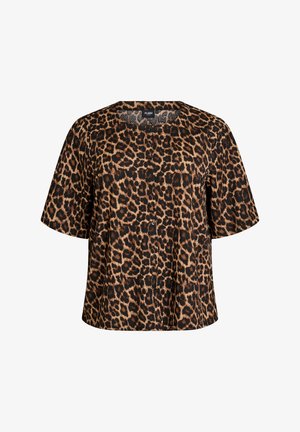 Kurzärmlige Bluse mit Knopfleiste, braun-schwarzem Leopardenmuster, Rundhalsausschnitt und lockerem Schnitt.