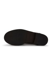 Black shoe sole with a textured surface and a tapered shape. Features smooth edges and a flat design. Minimal branding on the heel.