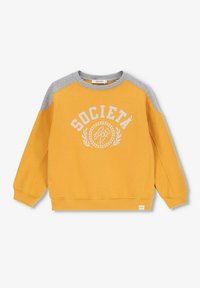 Sweatshirt jaune avec des manches raglan grises, présentant un texte graphique blanc indiquant "SOCIETÀ 1982" et des détails en laurier sur le devant.