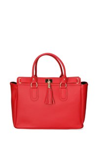 Rode leren handtas met twee handvatten, gouden hardware en een decoratieve kwast. Gestructureerde vorm met een gladde textuur en geen zichtbare patronen.