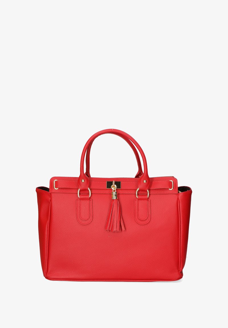 Rode leren handtas met twee handvatten, gouden hardware en een decoratieve kwast. Gestructureerde vorm met een gladde textuur en geen zichtbare patronen.
