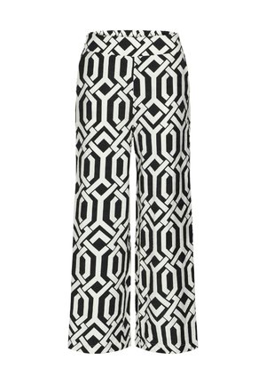 Black and white wide-leg trousers featuring a geometric pattern with hexagonal designs. Made from lightweight fabric. Elastic waistband.