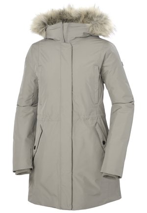 Grau isolierte Parka mit Kapuze aus Kunstfell, Reißverschluss vorne, seitlichen Taschen und gerippten Bündchen. Glattes Material mit matter Oberfläche.