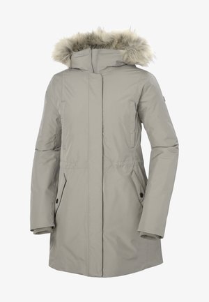 Grau isolierte Parka mit Kapuze aus Kunstfell, Reißverschluss vorne, seitlichen Taschen und gerippten Bündchen. Glattes Material mit matter Oberfläche.