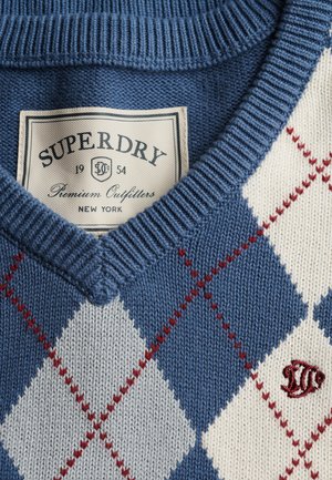 Superdry & Co, SUPERDRY V-NECK ARGYLE JUMPER. - Striktrøje - mid blue argyle